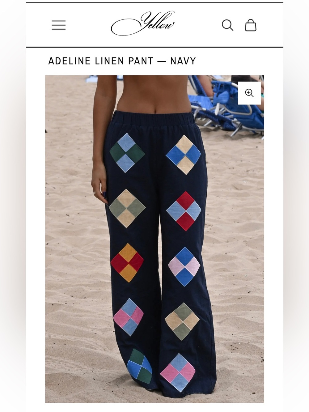Adeline Linen Pant — Navy with Colorful Patch Diamonds